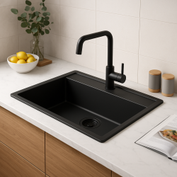 GraniteMy Bremen granite sink 64x52 cm black top mount, undermount and flush mount with faucet hole bench 1208953874